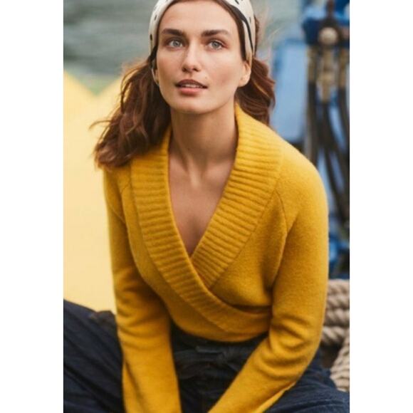 Anthropologie ett-twa Tessa Wrap Sweater Medium Mustard V-Neck Wool Alpaca Knit - Picture 3 of 6
